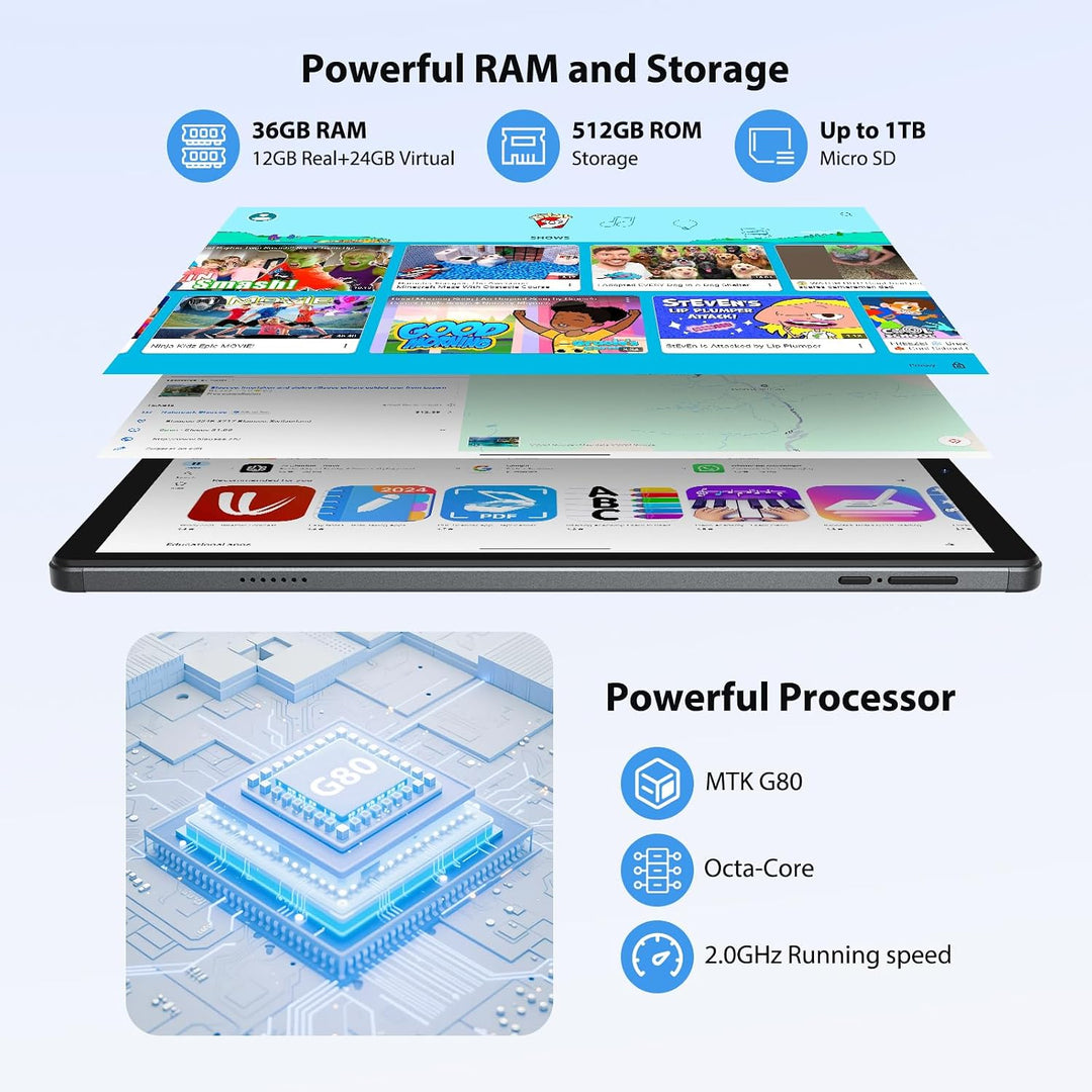 2K 10.6 Zoll Android 15 Tablet, 4G LTE+5G WiFi, 36GB RAM+512GB ROM (2TB TF), Octa-Core, 2000 * 1200F