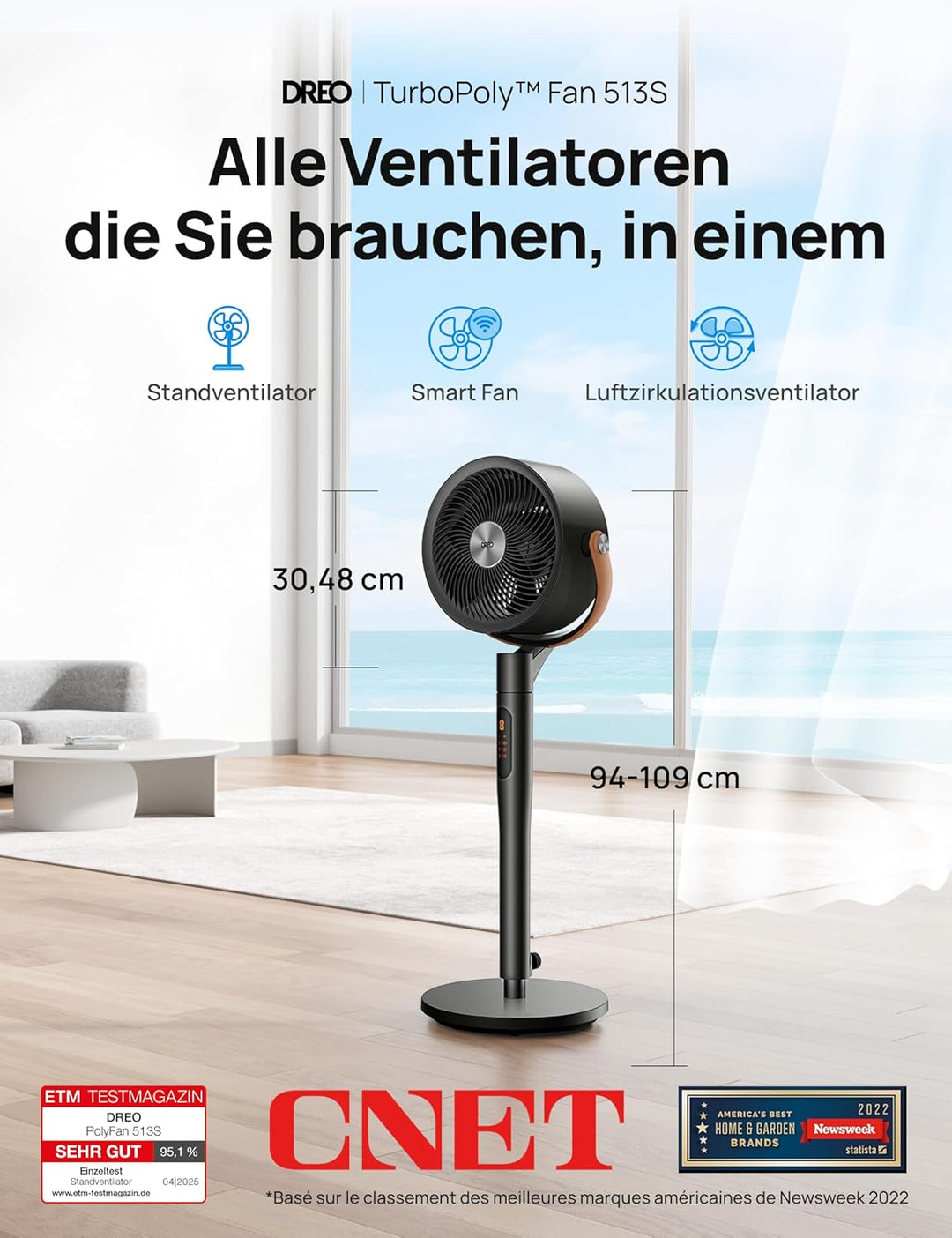 Dreo 25dB leiser Smart Standventilator, 120°+105°Omni-direktional oszillierend Ventilator mit Fernbe