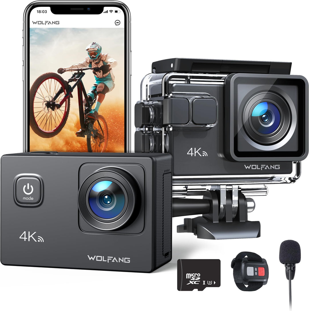 WOLFANG Action Cam 4K30FPS 20MP mit 32GB microSDXC Speicherkarte WiFi 40M Unterwasserkamera Wasserdi