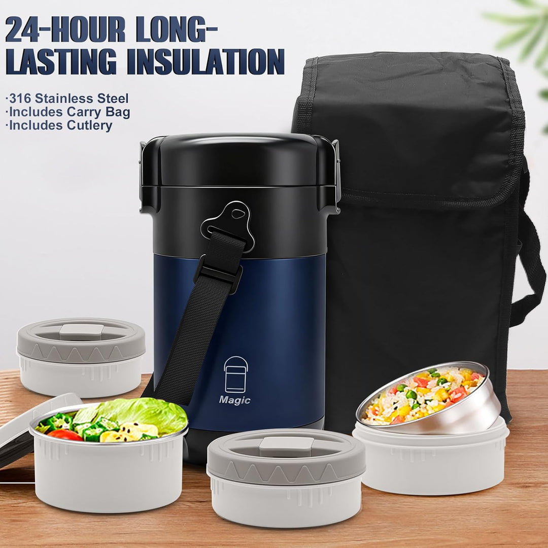 Thermobehälter Essen mit 4 Einzelnen Trennbehältern, Isolier-Lunchbox Edelstahl 2.6L, Auslaufsicher,