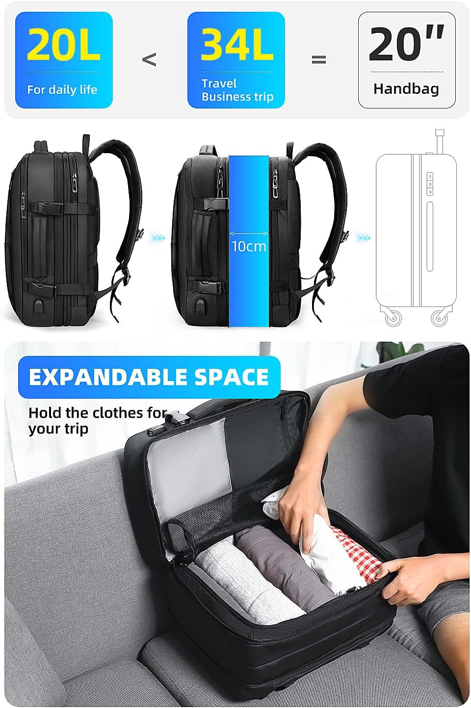 Mark Ryden Laptop-Rucksack, 38 L wasserdichter Business-Handgepäck Rucksack Diebstahlsicherer Rucksa