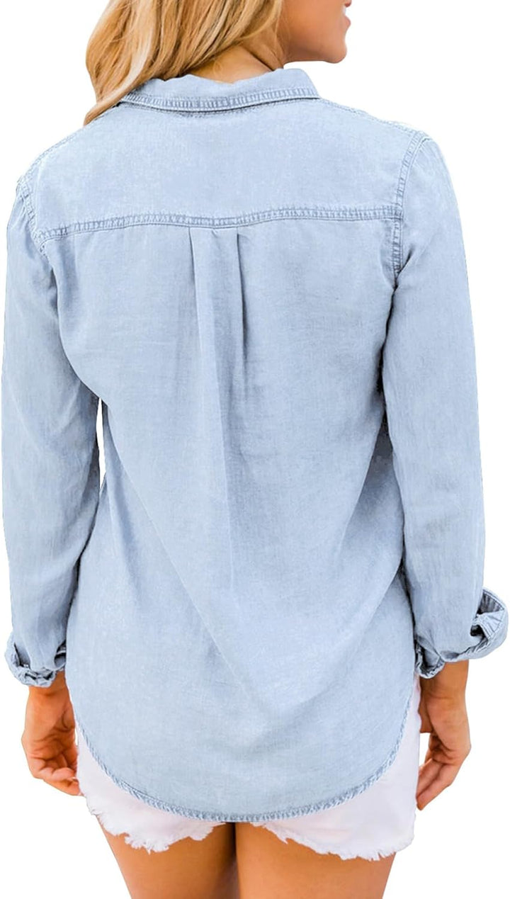 Roskiky Jeanshemd Damen Bluse Damen Western Hemden Tunika Damen Langarm Button Down Oberteile Damen