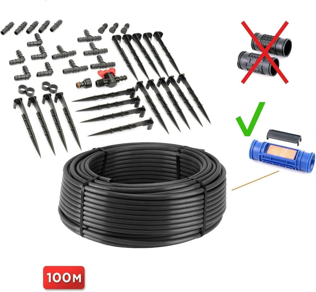 Tropfrohr 16 mm mit Druckkompensation 100m Gartenbewässerungsrohr Bewässerung Tropfschlauch (80tlg)