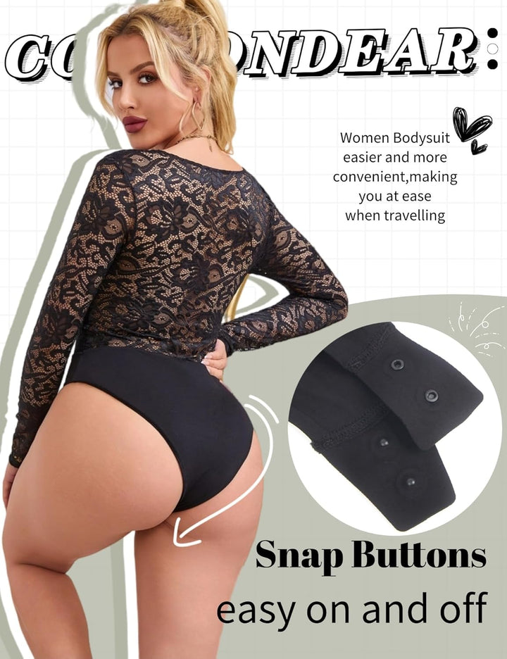 comeondear Sexy Body für Damen Grosse Grössen Langarm Oberteile Spitze V-Ausschnitt Overall Bodysuit