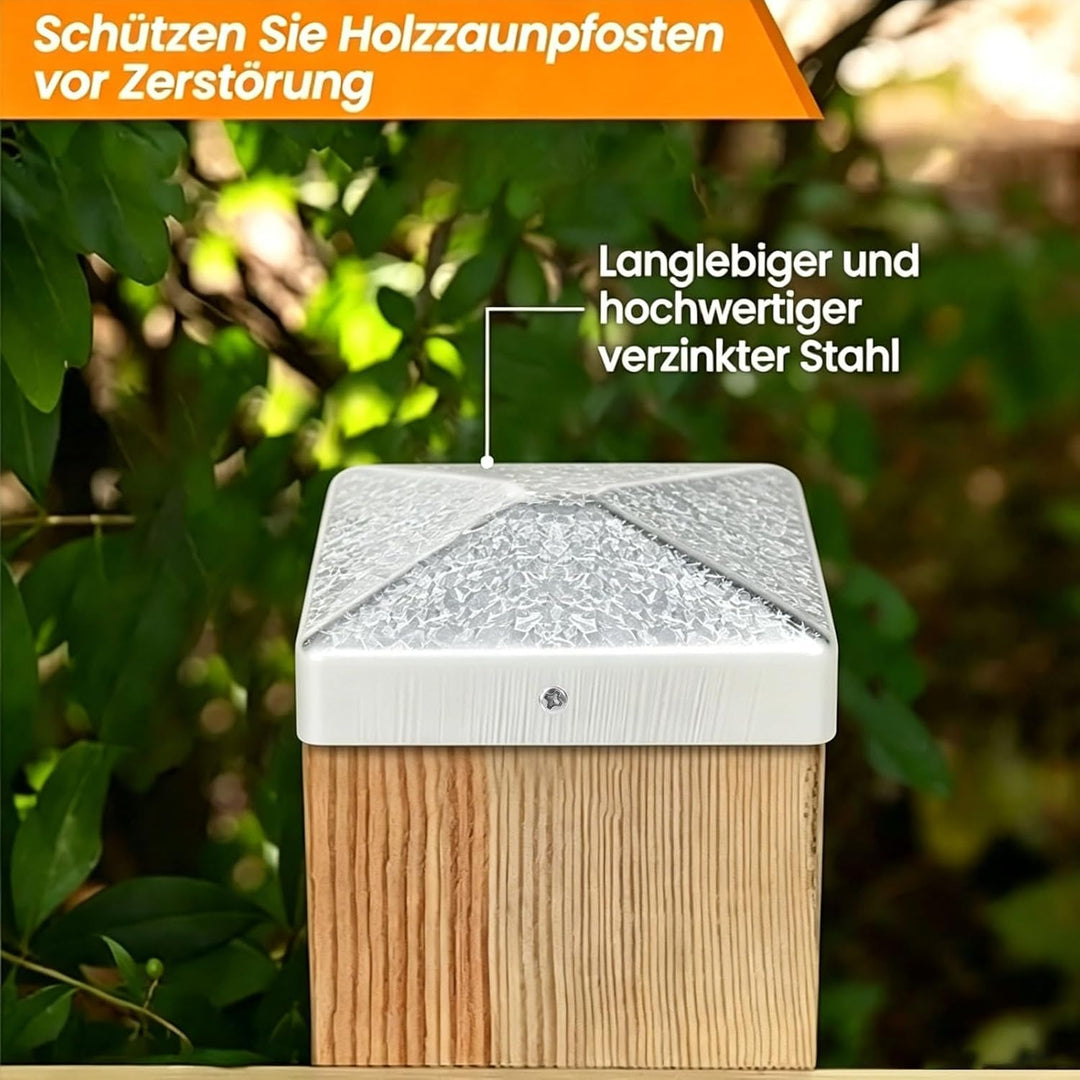 10x10cm Pfostenkappen 12Stück – Glanzverzinkte Stahl-Pfostenkappe mit Zinkblume, Pyramidenform abgef