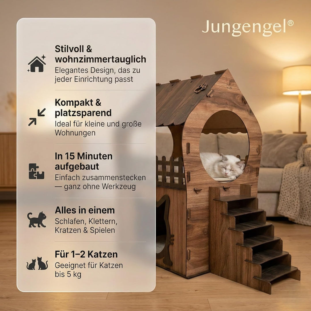 Zweistöckiges MDF Katzenhaus – Braun &amp; Dunkelbraun – Werkzeugloser Aufbau – Grössen XL, XXL, 3XL (Br