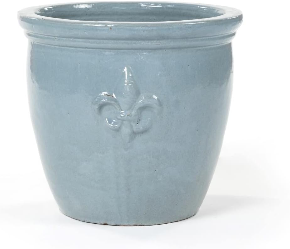 Pflanzgefäss Blumentopf Übertopf Fleur de LYS mit Lilie Keramik Blau Weiss Grau glasiert absolut Fro