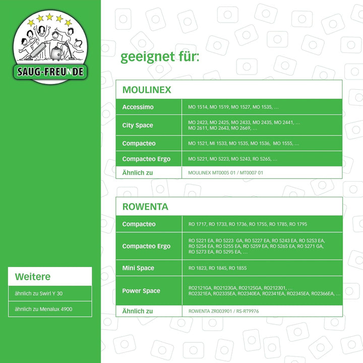 SAUG-FREUnDE | 20 Staubsaugerbeutel geeignet für ROWENTA, MOULINEX | ähnlich wie Swirl Y 30, Menalux