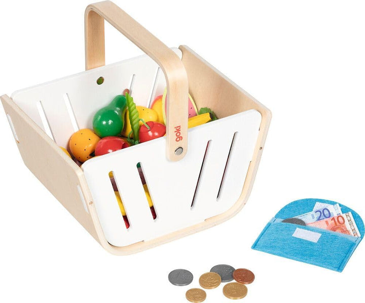 goki 51428 - Einkaufskorb MiniShopper, Tragekorb aus Holz mit klappbaren Tragegriff & Geldbörse aus