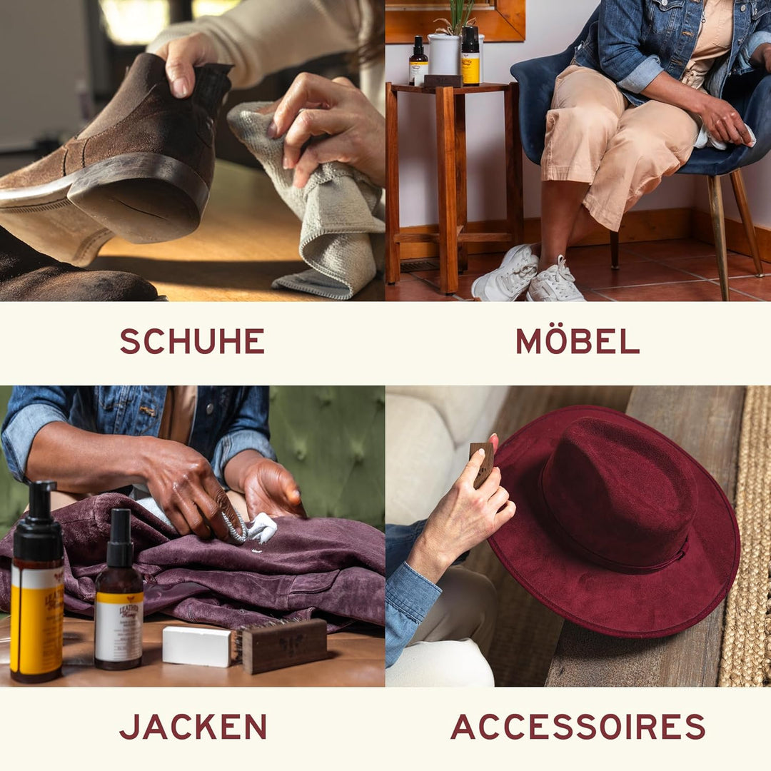 LEATHER Honey Suede & Nubuck Care Kit: Cleaner, Protector, Suede Brush & Eraser: Clean, Protect & Re