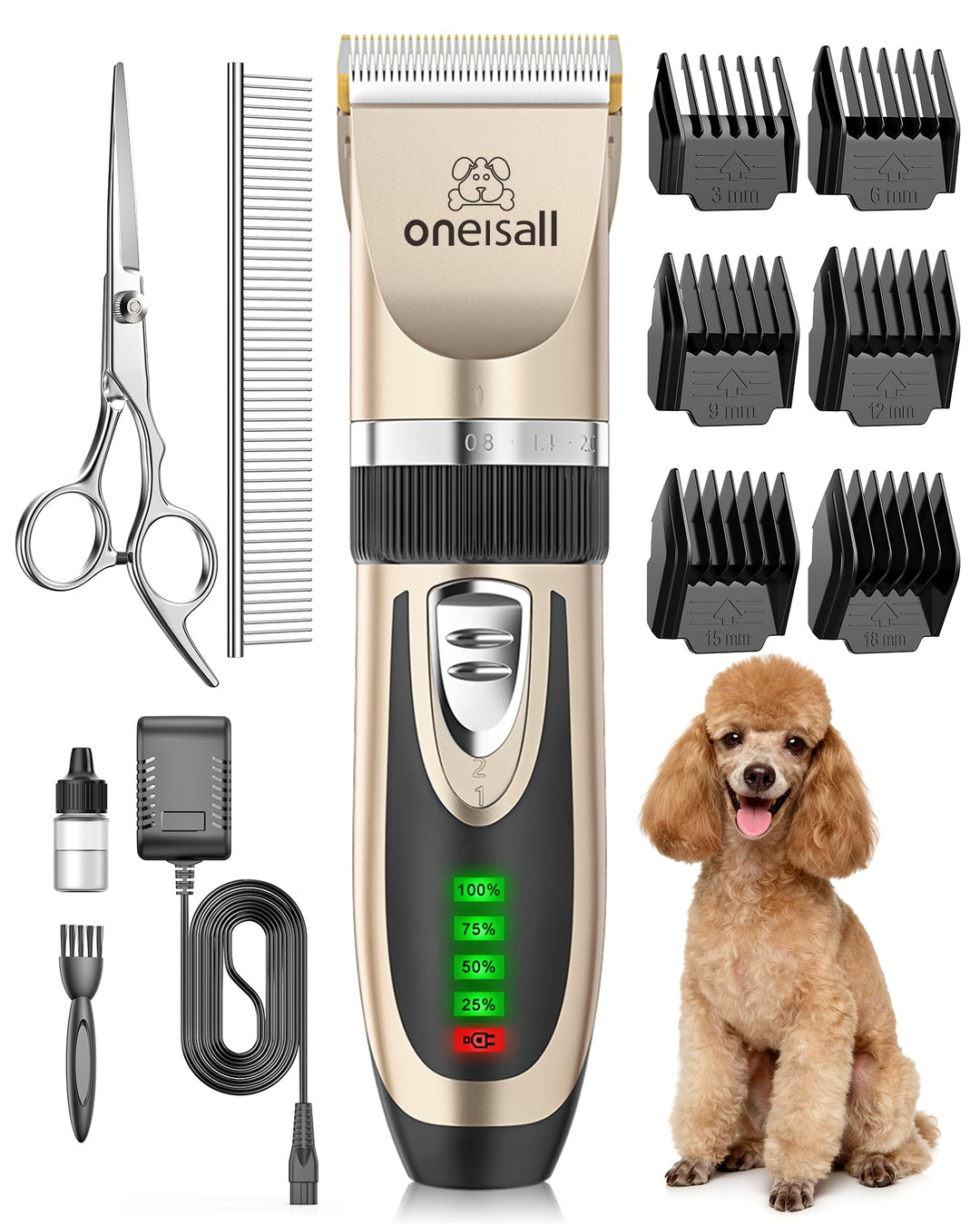 oneisall Dog Clippers Low Noise, 2-Speed Quiet Dog Grooming Kit Rechargeable Cordless Pet Hair Clipp