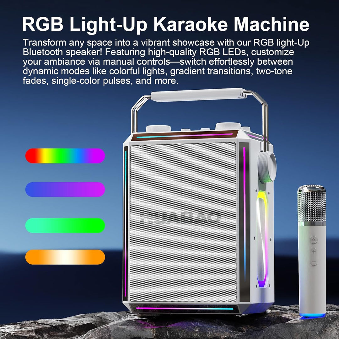 Tragbarer Bluetooth-Karaoke-Lautsprecher mit 2 kabellosen Mikrofonen, RGB-Beleuchtung, Höhen- und Ba