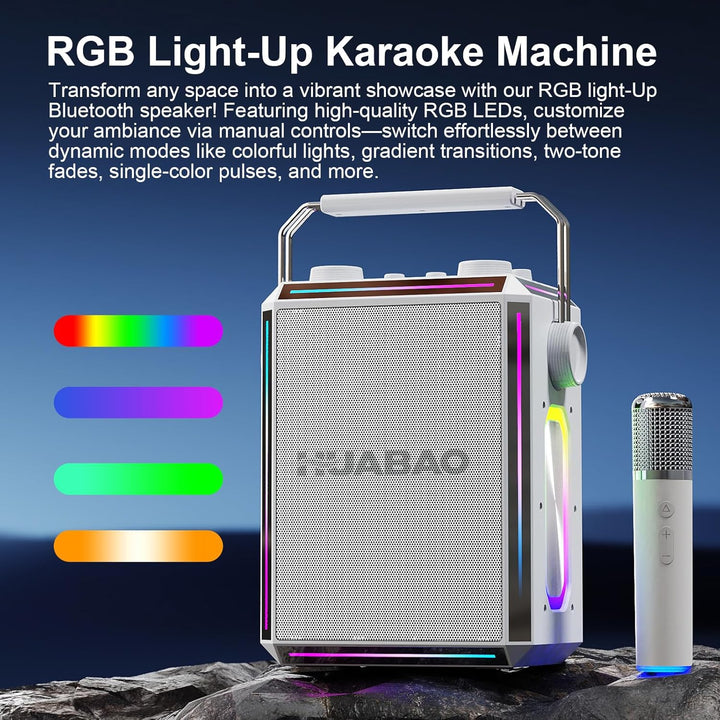 Tragbarer Bluetooth-Karaoke-Lautsprecher mit 2 kabellosen Mikrofonen, RGB-Beleuchtung, Höhen- und Ba