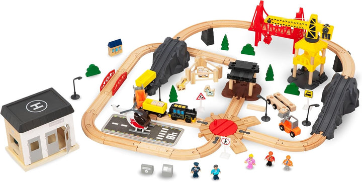 Mamabrum Holzeisenbahn Batteriezug Set - Stadt mit Flugterminal, Kran, Züge, Figuren, Spuren & Leuc