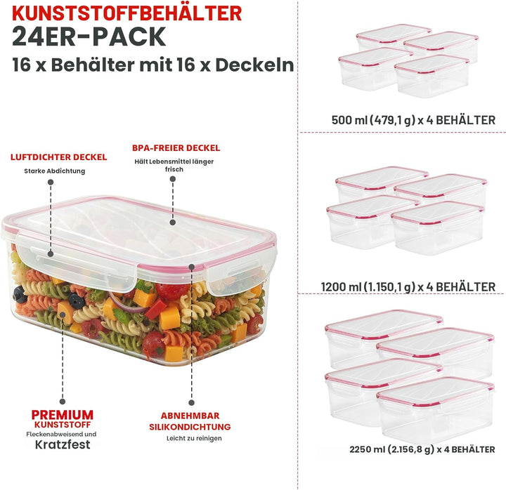 KICHLY 24 Stück luftdichte Plastik frischhaltedosen mit deckel (12 Behälter, 12 Deckel) frischhalted