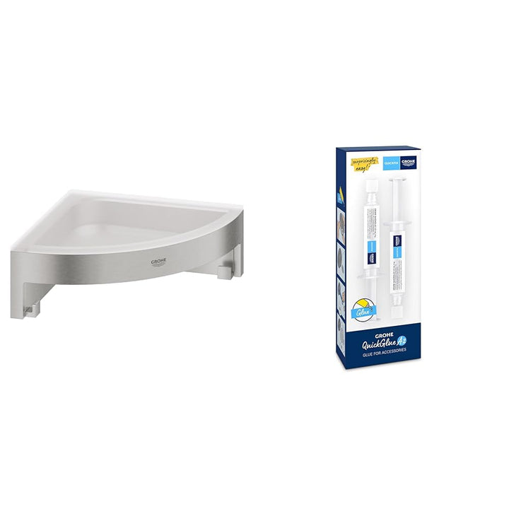 GROHE Start Cube - Eckseifenschale (für Eckmontage, langlebig), supersteel, 41106DC0 + Kleber- Set f