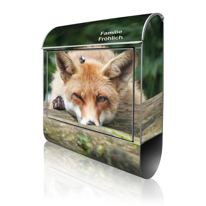 banjado® Design Briefkasten personalisiert mit Motiv Fuchs Relax 39x47x14cm & 2 Schlüssel - Briefkas