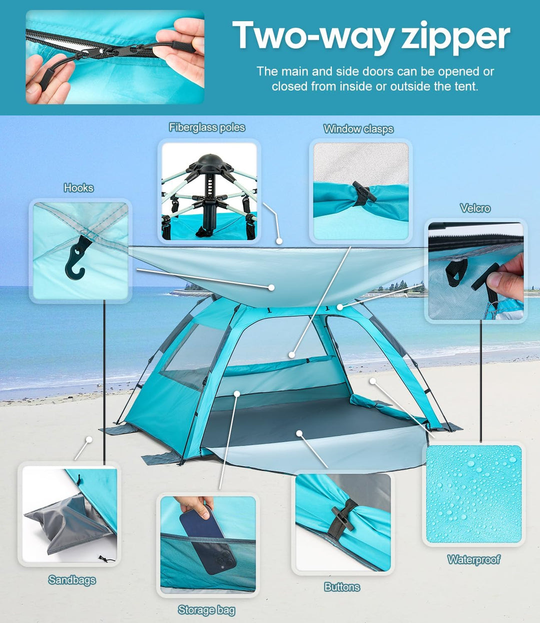 Dewur Strandmuschel 2-4 Personen Pop Up Strandzelt mit Sonnensegel UPF 50+ UV Sonnenschutz Wasserdic