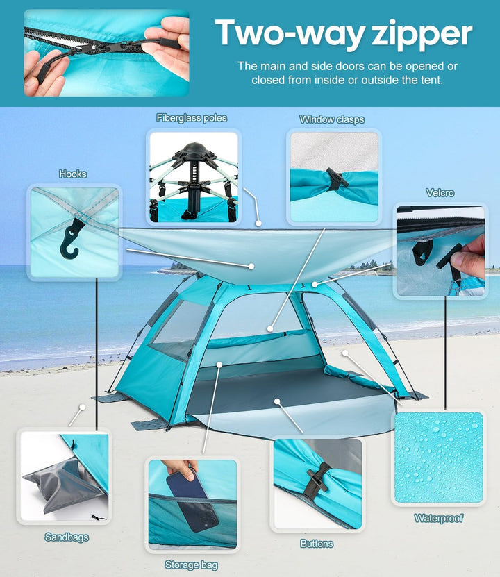 Dewur Strandmuschel 2-4 Personen Pop Up Strandzelt mit Sonnensegel UPF 50+ UV Sonnenschutz Wasserdic