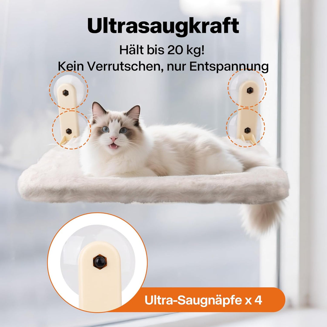Pet Prime Katzen Fensterliege – 85mm Saugnäpfe & 20kg Tragkraft, Edelstahl-Gestell, 2 Abnehmbare Bez