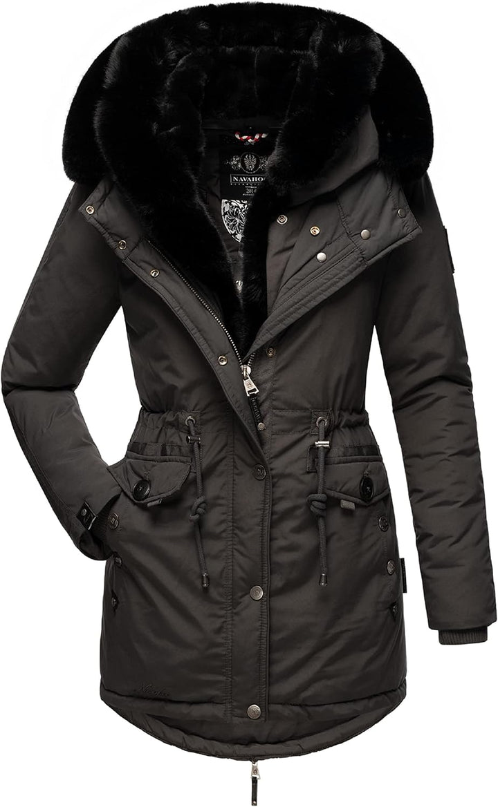 Navahoo Damen warmer Winterparka mit doppelter Kunstpelz-Kapuze Sweety Deluxe XS-XXL XS Anthracite,