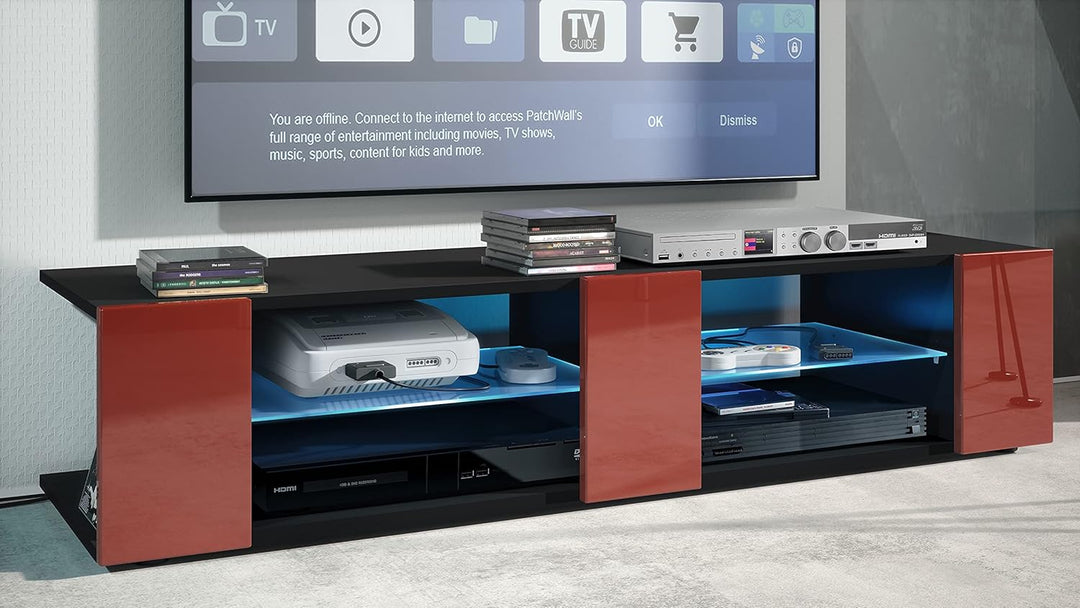 Vladon Lowboard Movie V2, TV-Kommode mit 6 offenen Fächern und Zierleisten, Schwarz matt/Bordeaux Ho