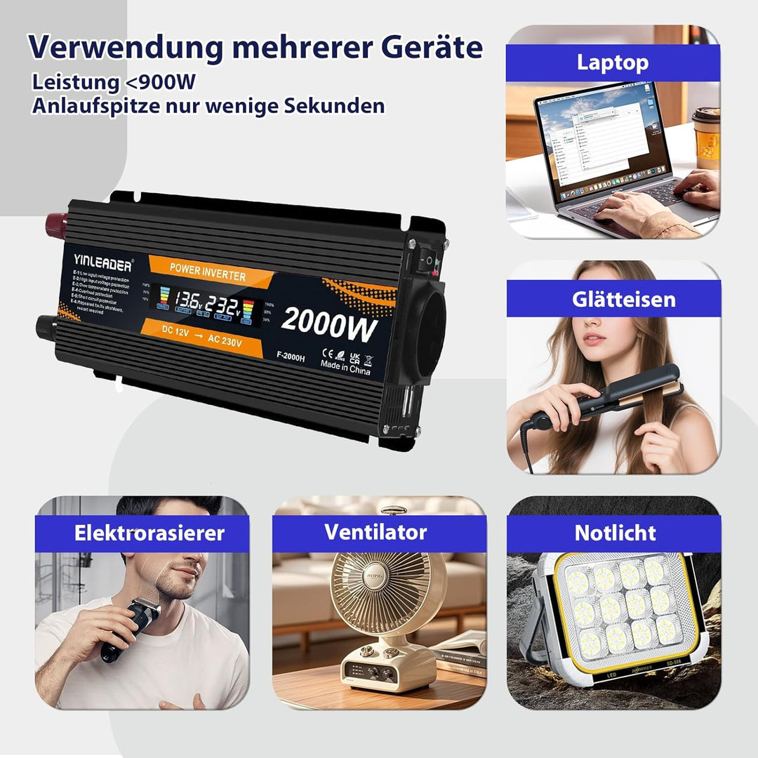 Yinleader Wechselrichter 900W 2000W 12V 230V Spannungswandler LCD mit 1 Steckdose 2 USB Anschlüsse