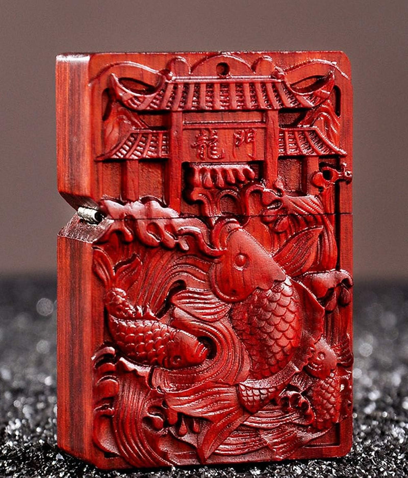 Generic Natural Huanghuali Rosewood Carving Lichter Outer Case for Zippo Module Fish Jump Dragon Gat