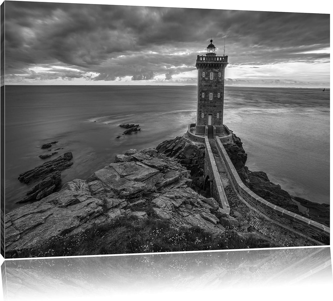 Pixxprint Leuchtturm im Sonnenuntergang / 100x70cm Leinwandbild bespannt auf Holzrahmen/Wandbild Kun