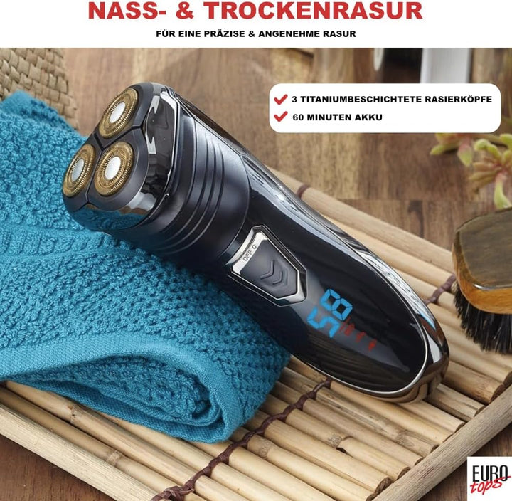 EUROtops Herren Elektro-Rasierer mit 3 Scherköpfen – LC-Display/Lade-Station, Kabelloser Nass- / Tro