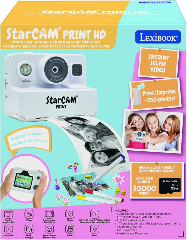 Lexibook, StarCAM Print HD, Kamera mit Sofortdrucker, Foto-, Video-, Selfie-, Musik- und Spielfunkti