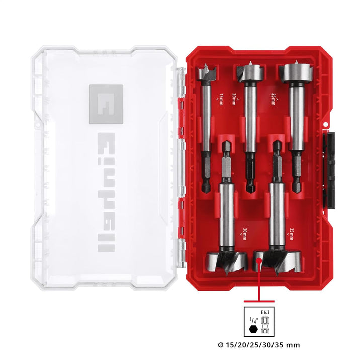 Original Einhell M-CASE 5-tlg. Forstnerbohrer-Set (aus C65 Stahl, E 6.3 Schaft, Querschneide, Zentri