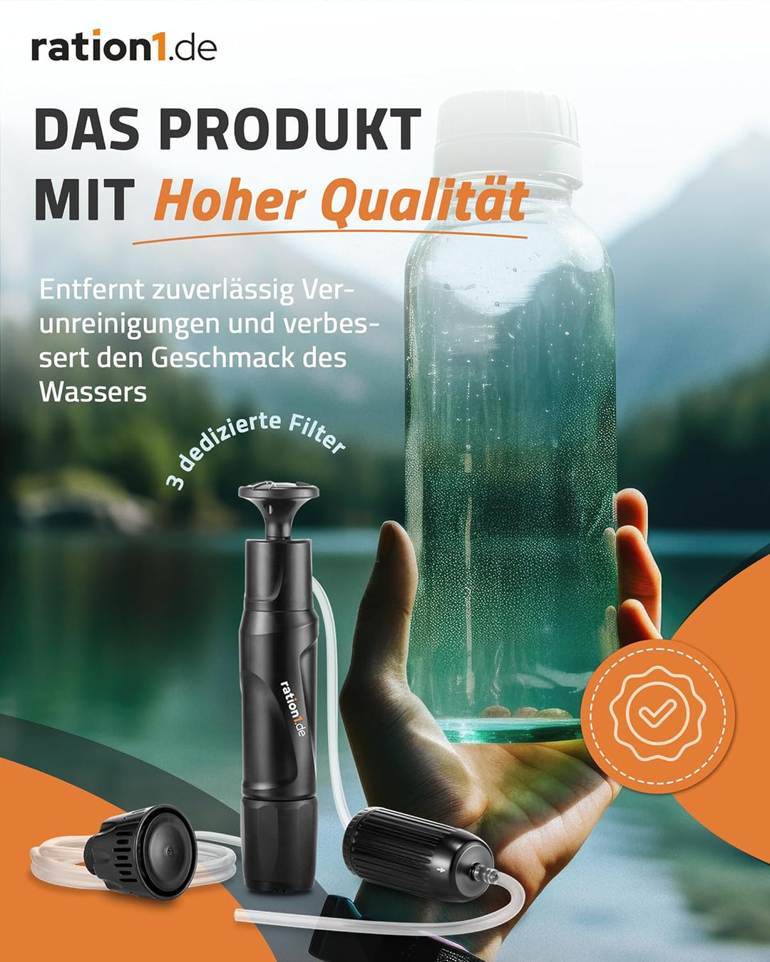 ration1 Wasserfilter mit hoher Durchflussrate von 1,1 Liter pro Minute. Der Pumpfilter entfernt 99,9