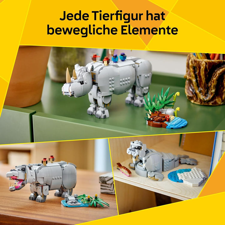 LEGO Creator 3in1 Wilde Tiere: Prächtiges Nashorn mit Vögeln - Kinder Spielzeug mit Tierfigur - Figu