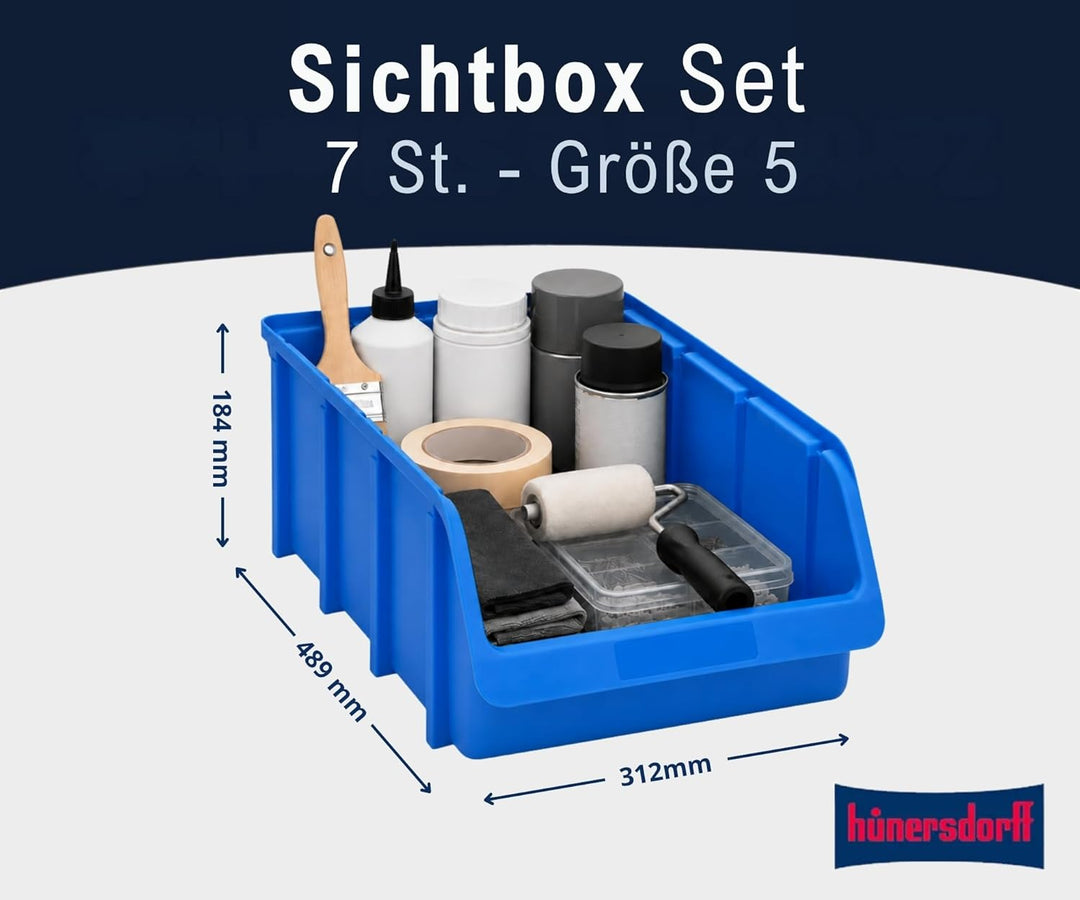 hünersdorff 7 x Sichtbox Stapelbox Lagerbox in Grösse 5, aus Polypropylen, hohe Formstabilität und B