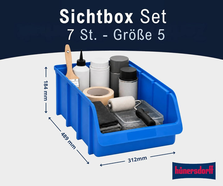 hünersdorff 7 x Sichtbox Stapelbox Lagerbox in Grösse 5, aus Polypropylen, hohe Formstabilität und B