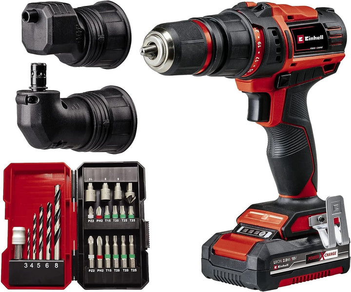 Einhell Akku-Bohrschrauber TE-CD 18/45 3X-Li+22 Power X-Change (18 V, 45 Nm, Winkelaufsatz, Exzenter