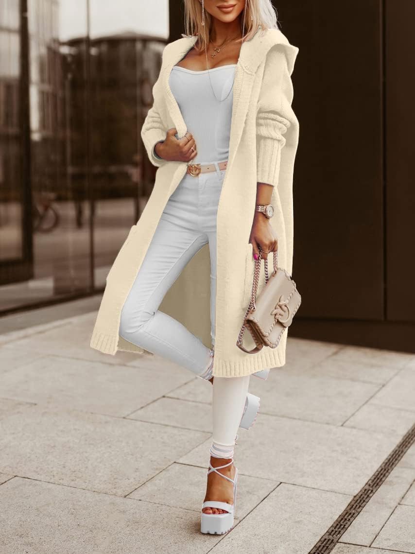 Tongmingyun Strickjacke Damen Lang Cardigan mit Kapuze Winter Grobstrickjacke Casual Lose Strickmant
