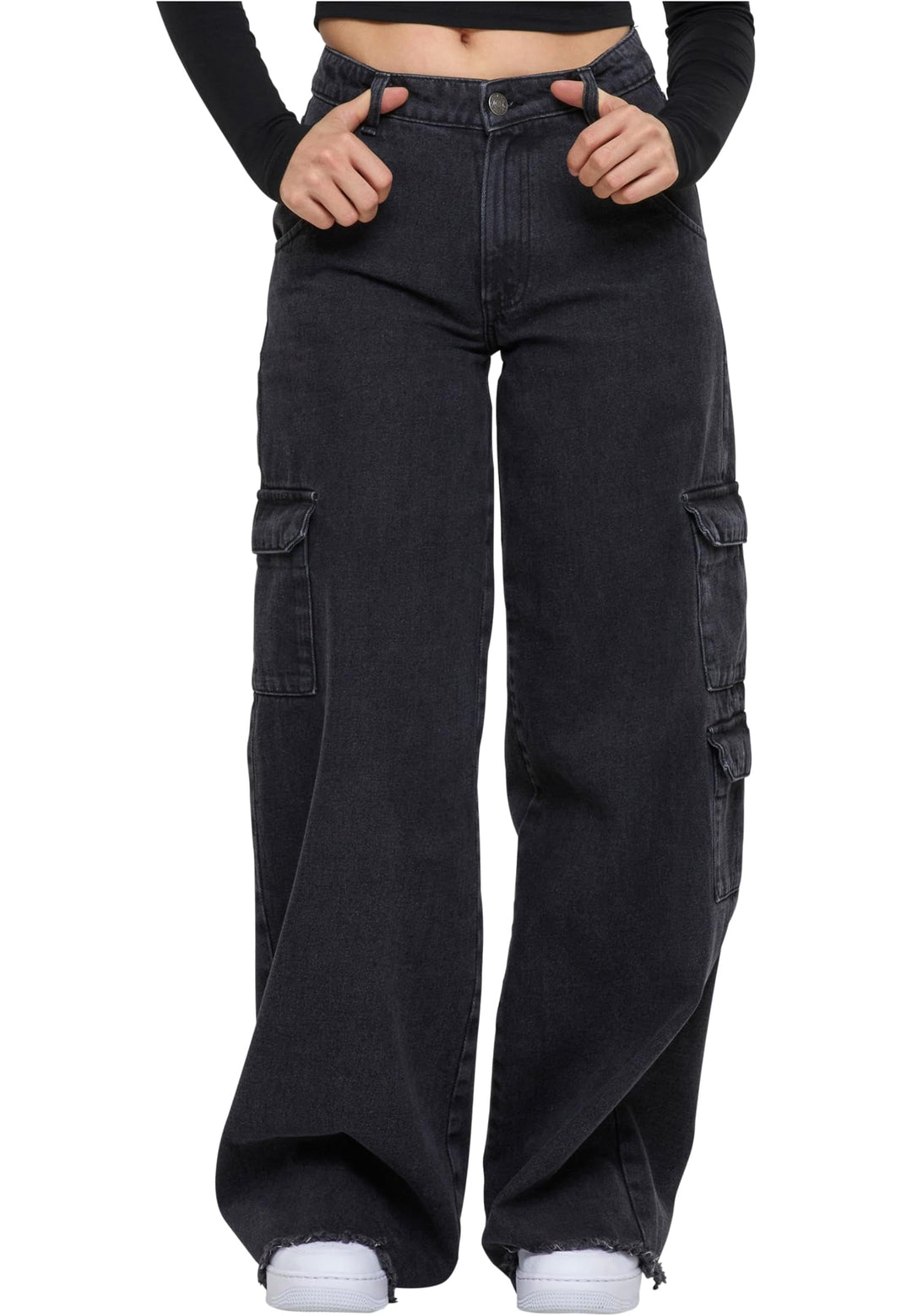 Urban Classics Damen Ladies Mid Waist Cargo Denim Pants 32 Black Charcoal Washed, 32 Black Charcoal