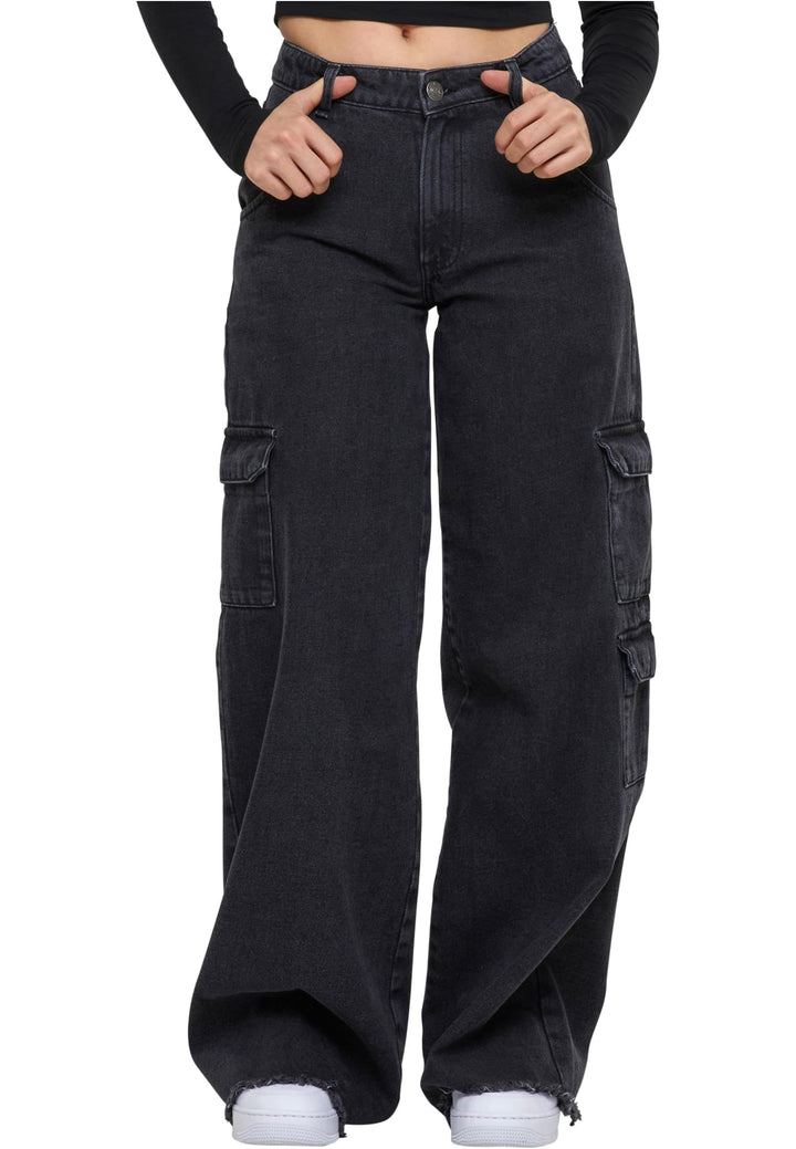 Urban Classics Damen Ladies Mid Waist Cargo Denim Pants 32 Black Charcoal Washed, 32 Black Charcoal