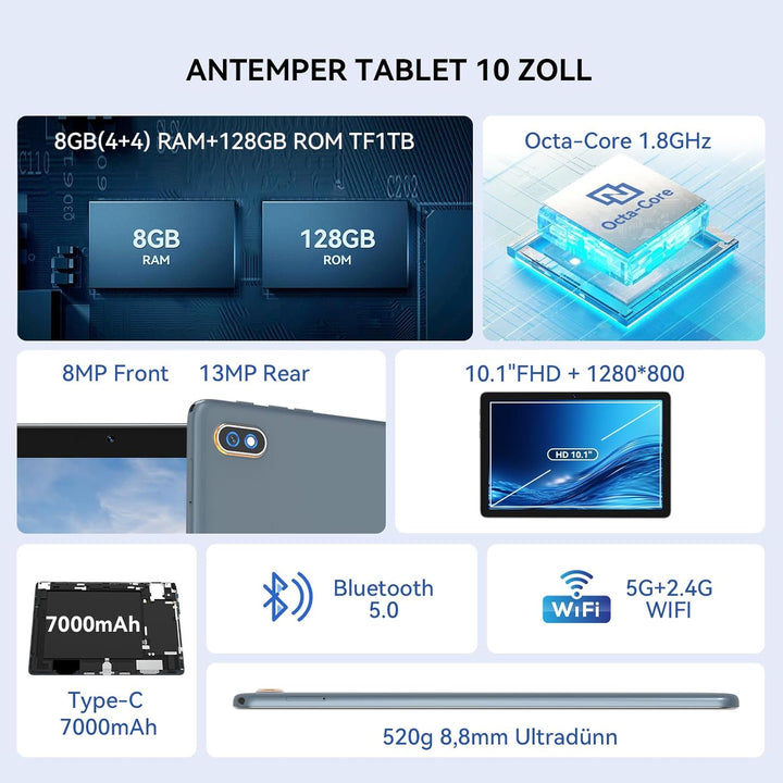 2024 Neueste Android Tablet | 5G+2.4G WLAN Tablet Pc | Octa-Core 128GB ROM(TF 1TB) | 10,1" Touch Dis