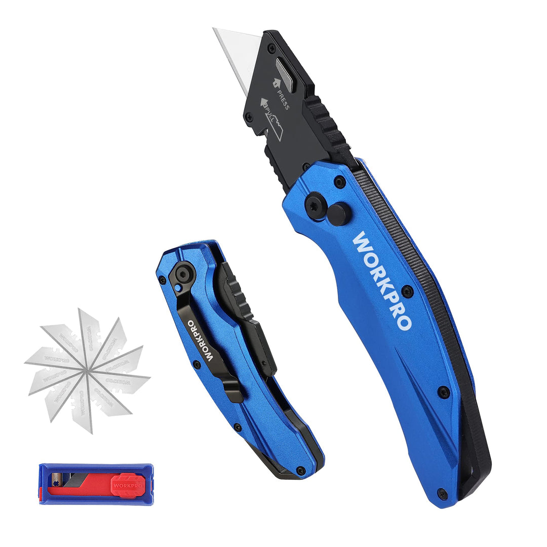 WORKPRO Klappbares Teppichmesser, Schweres Universalmesser aus Vollmetall, Schnellwechselklinge Cutt
