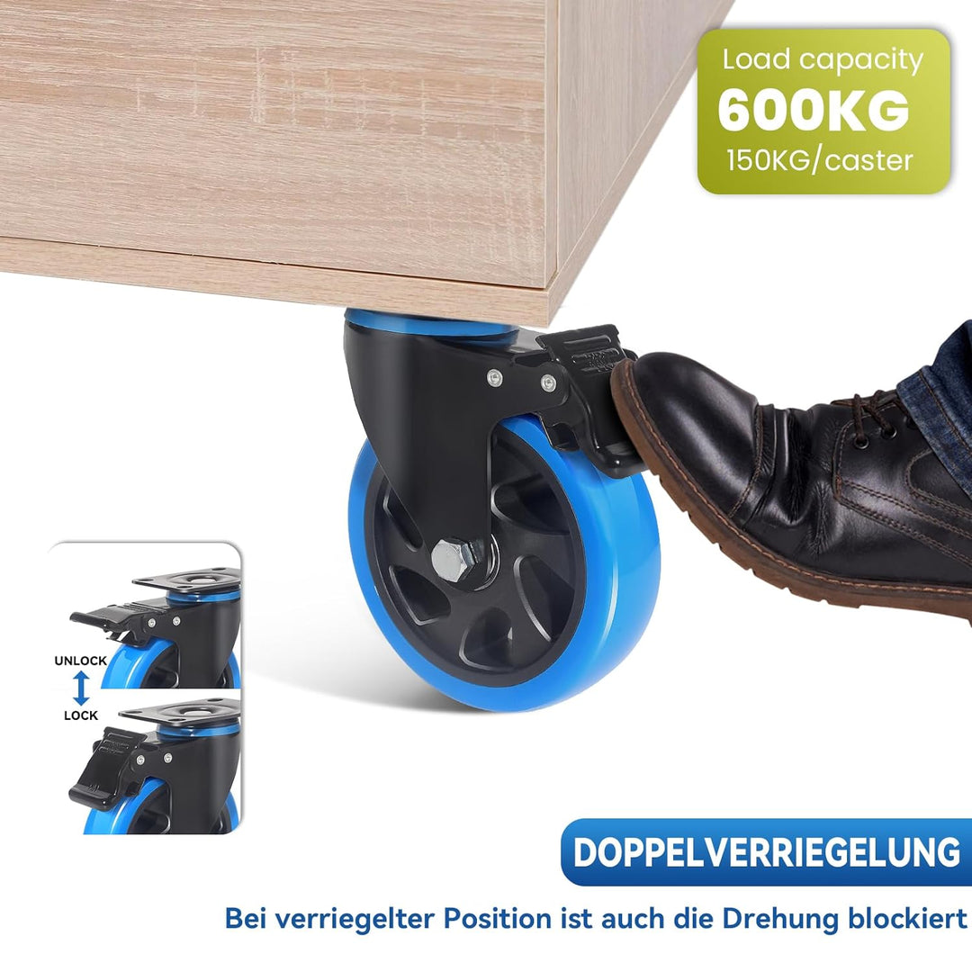 BAOLIHUI 100mm Blau Schwerlastrollen - 4er Set Lenkrollen mit Bremsen bis 600KG inkl. Montagezubehör