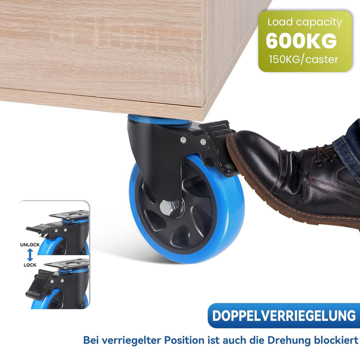 BAOLIHUI 100mm Blau Schwerlastrollen - 4er Set Lenkrollen mit Bremsen bis 600KG inkl. Montagezubehör