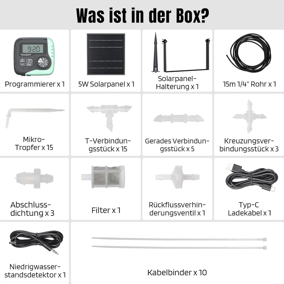 Raddy WS-1 Automatisches Bewässerungssystem, Solar-Drip-Bewässerungsset mit 2600mAh Batterie, progra