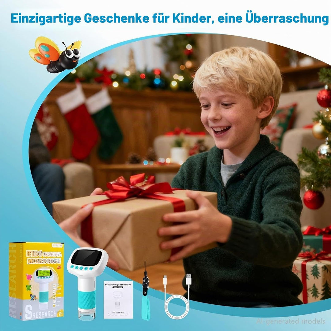 Mikroskop für Kinder ab 3 Jahren, 1000X Tragbares Handmikroskop mit 2'' HD-Bildschirm, Digitales Edu