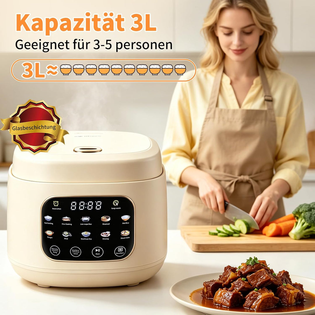 Reis Kocher Low Sugar, 3L Rice Cooker Small mit Low Carb Funktion and Dampfgarer 10 in 1 Reiskocher