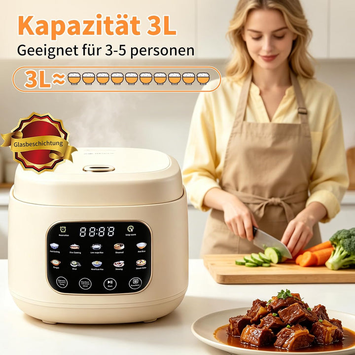 Reis Kocher Low Sugar, 3L Rice Cooker Small mit Low Carb Funktion and Dampfgarer 10 in 1 Reiskocher