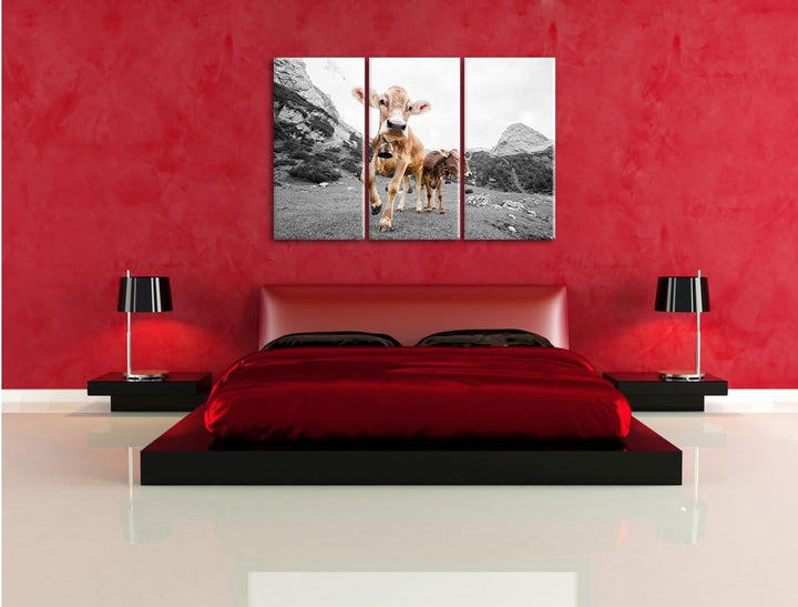 Pixxprint Almkuh auf der Weide als Leinwandbild 3 teilig/Grösse: 3 Teilig (120x80) / Wandbild/Kunstd