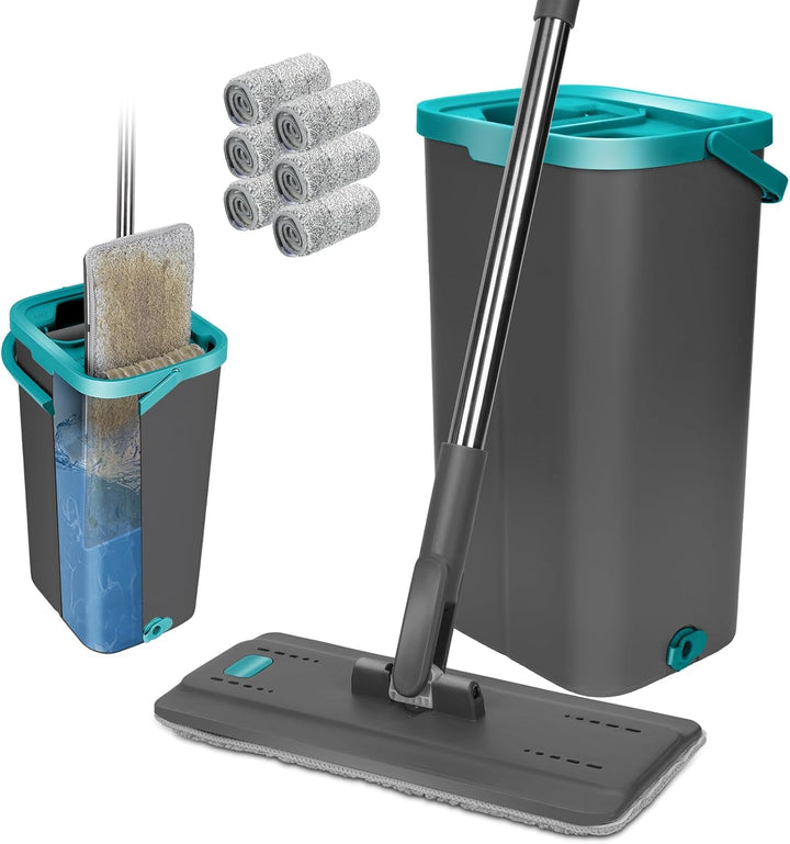 Masthome Wischmopp Set mit Eimer, Bodenwischer mit Putzeimer 2 In 1,Flachmopp Set und 6 Mikrofaser W